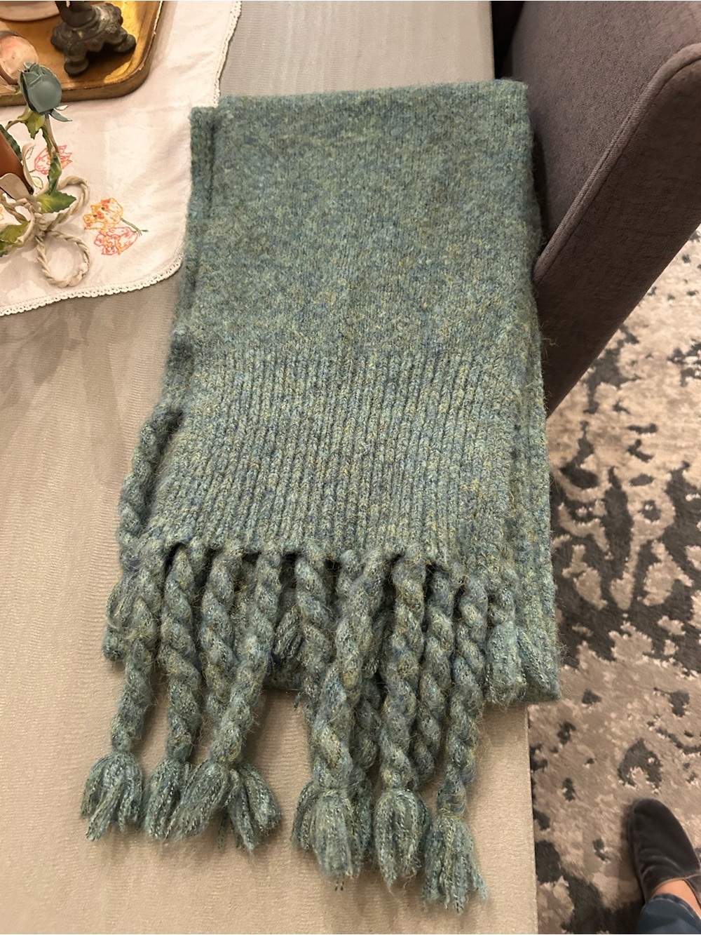 Anthropologie Teal Moss Knit Fringe scarf has slight wear GUC